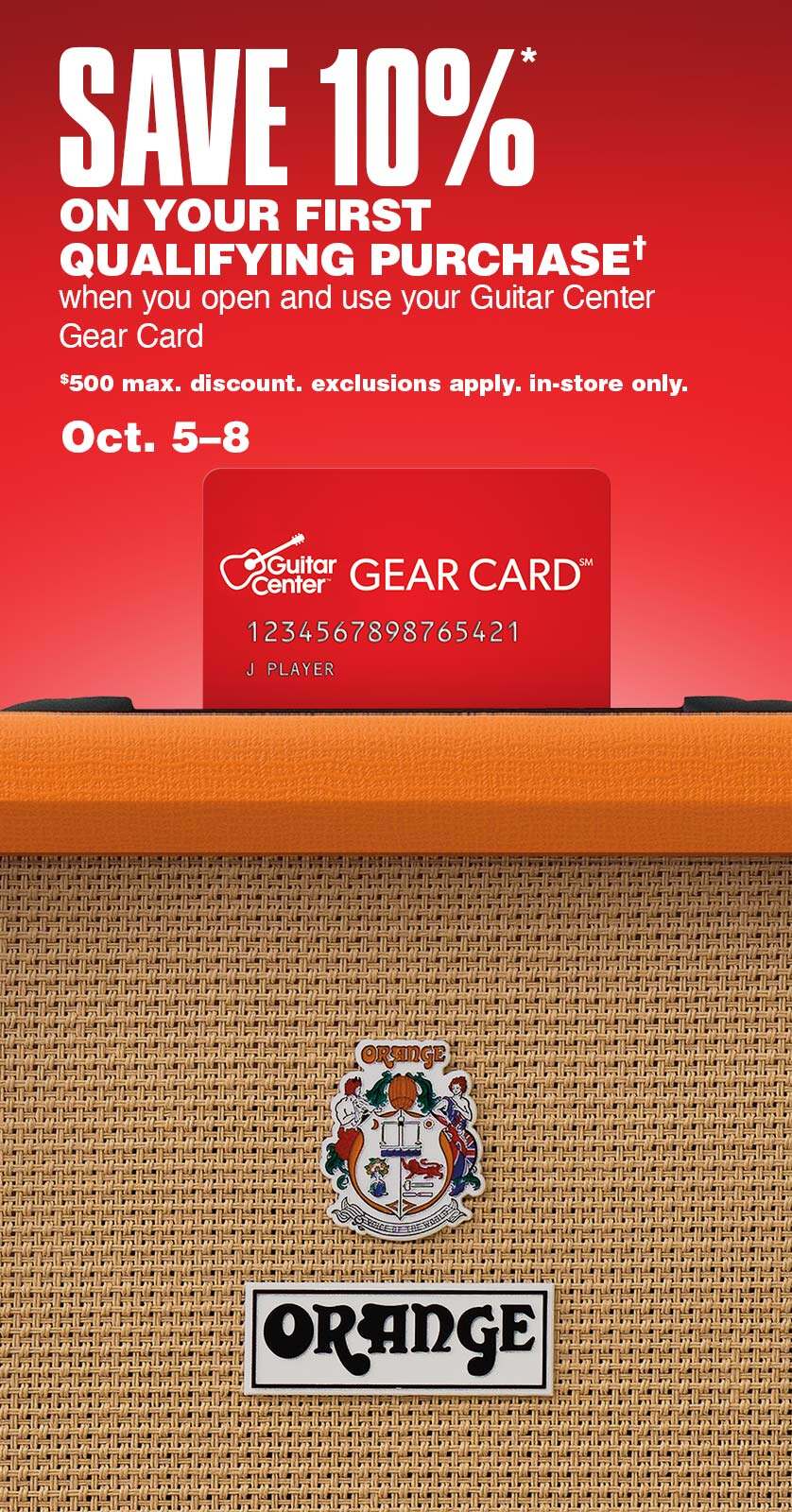 Save 10 percent on your first qualifying purchase when you open and use your Guitar Center Gear Card.